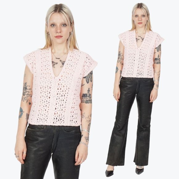 VINTAGE Pink Knitted Crochet V-Neck Vest - Picture 1 of 3